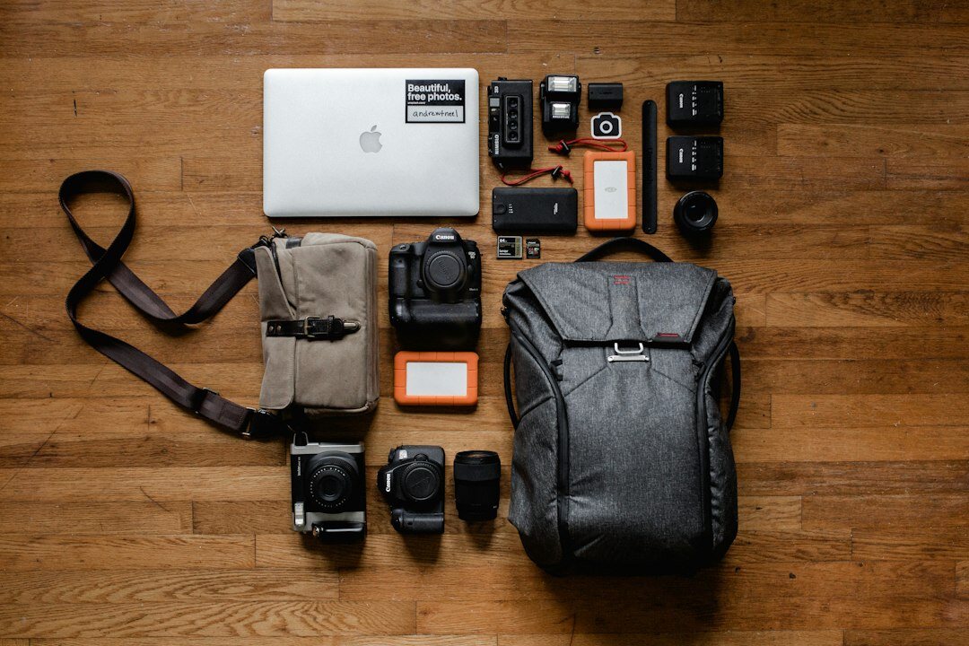Professional camera and photography equipment arranged on a table