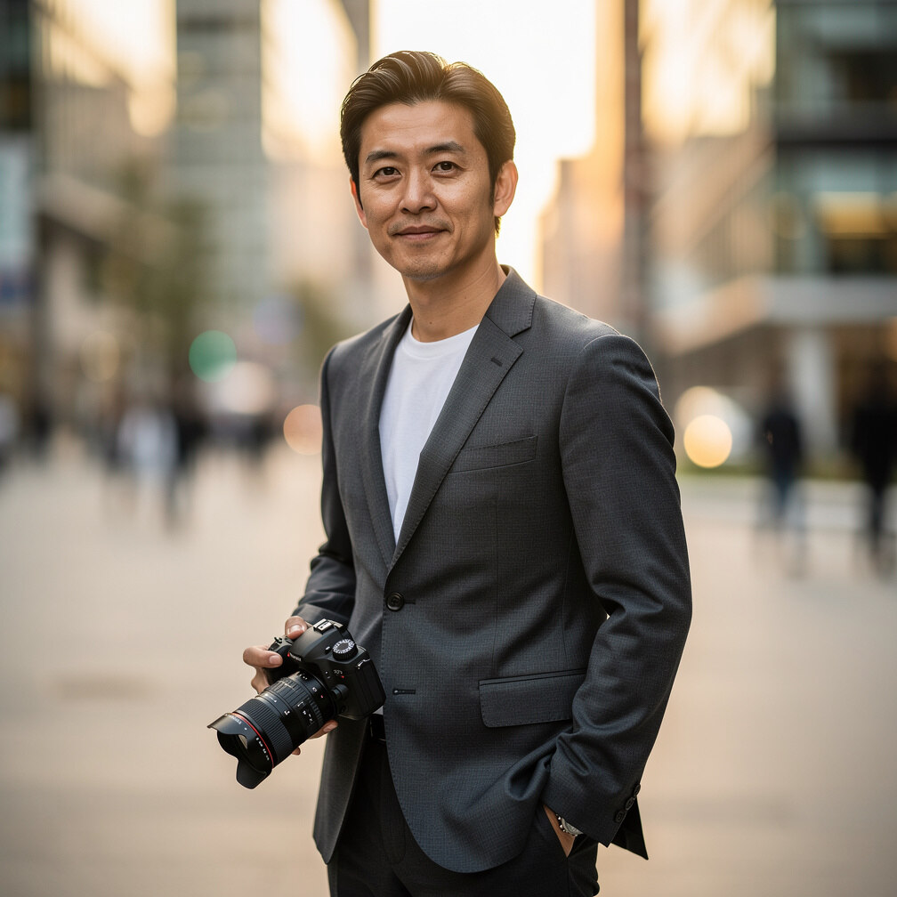 Japanese man in a suit standing outdoors portrait